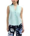 Ellen Tracy Ruffle Sleeveless Button-up Shirt In Blue