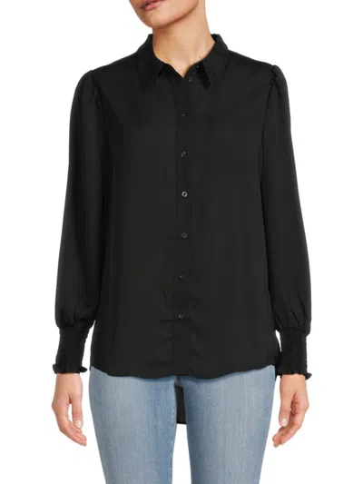 Ellen Tracy Women's Solid Smocked Trim Shirt In Black