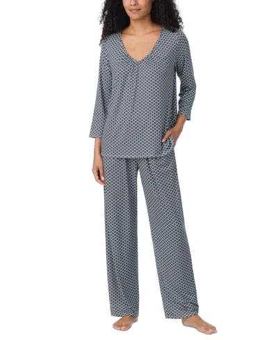 Ellen Tracy Women's V-neck 3/4 Sleeve Top And Pants, 2-piece Pajama Set In Blue Geo