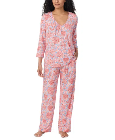 Ellen Tracy Women's V-neck 3/4 Sleeve Top And Pants, 2-piece Pajama Set In Orange  Blue Botanical