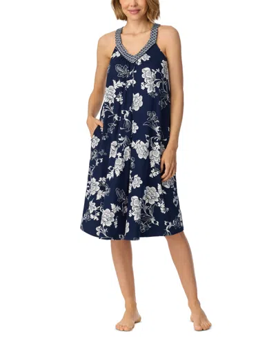 Ellen Tracy Women's V-neck Sleeveless Side Seam Pockets Nightgown In Navy Floral