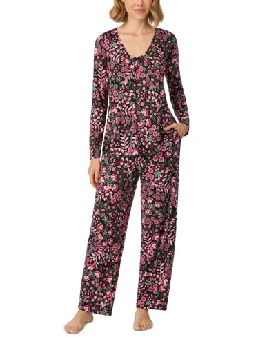 Ellen Tracy Women's V-neckline Long-sleeve Top And Pants, 2-piece Pajama Set In Multi