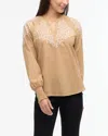 Ellen Tracy Voile Embroidered Cotton Popover Top In Brown