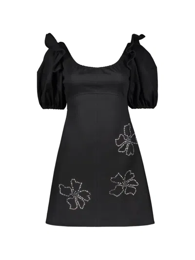 Ellery Floral-embellished Ruffled-sleeve Dress In Black