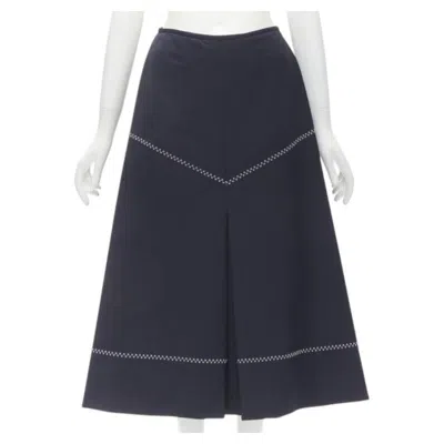 Pre-owned Ellery Navy Polyester Wool White Cross Hatch Stitching Flared Skirt Us2 Xs