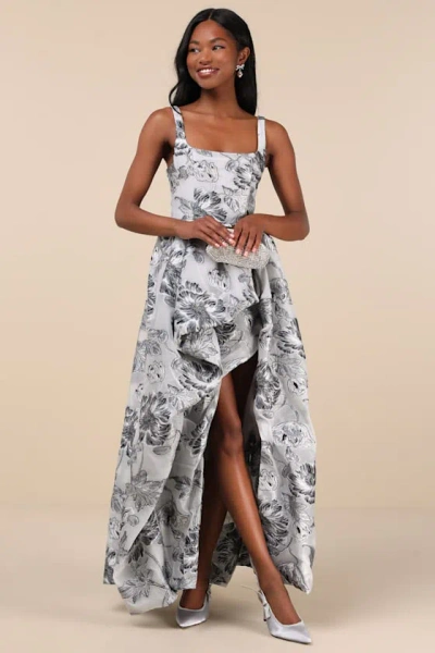 Elliatt Blossom Silver Jacquard High-low Maxi Dress