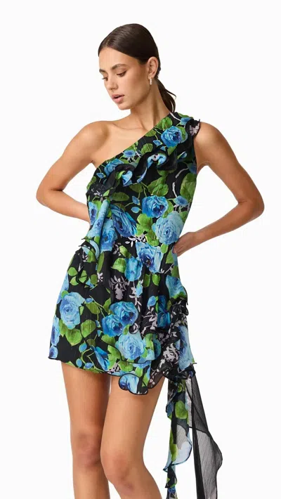 Elliatt Briony One Shoulder Mini Dress In Black Floral Multi In Blue
