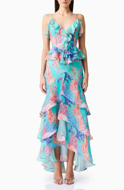 Elliatt Coral Print Tiered High-low Gown In Multi