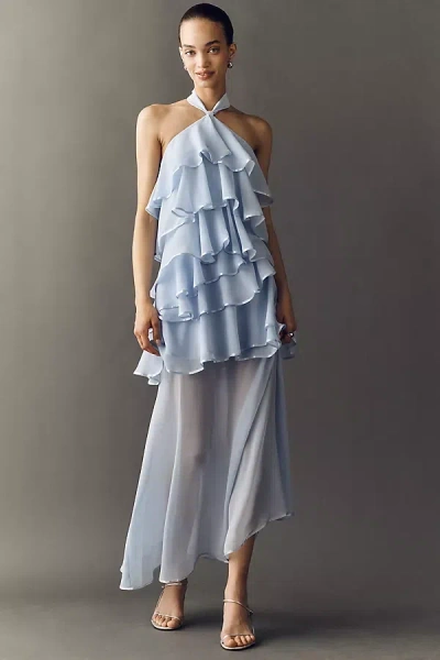 Elliatt Eliane Halter Ruffle Asymmetrical Maxi Dress In Blue