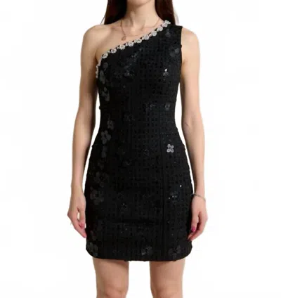 Elliatt Ellouise Embellished Tweed One Shoulder Mini Dress In Black