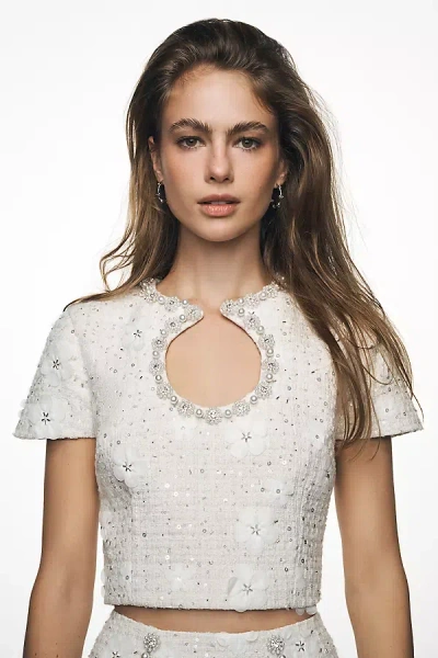 Elliatt Ellouise Short-sleeve Keyhole Tweed Crop Top In White