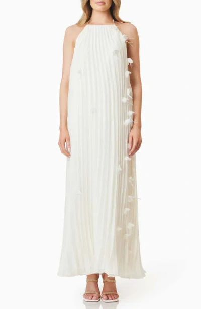 Elliatt Emelia Floral Appliqué Pleated Georgette Halter Maxi Dress In Ivory