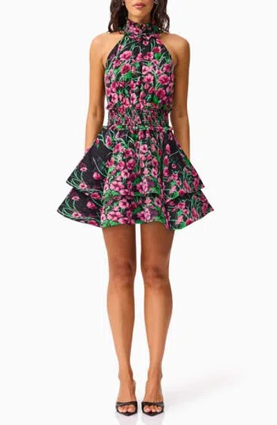 Elliatt Estelle Metallic Floral Smocked Waist Fit & Flare Minidress In Multi