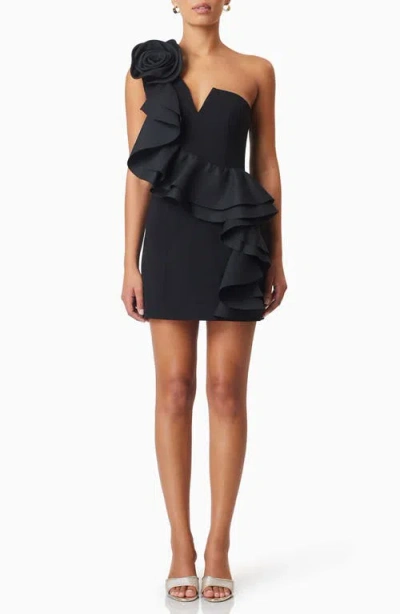 Elliatt Halona Floral Detail One-shoulder Cocktail Minidress In Black