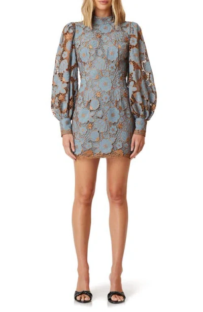 Elliatt Jasmine Floral Embroidered Lace Long Sleeve Minidress In Blue Bronze