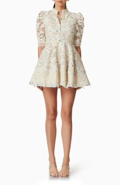 Elliatt Kyla Puff Sleeve Lace Fit & Flare Minidress In Ivory Multi