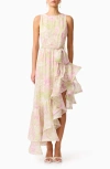 Elliatt Lacinda Ruffle Tie Waist Asymmetric Gown In Ivory Multi