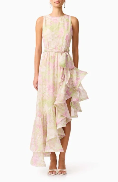 Elliatt Lacinda Ruffle Tie Waist Asymmetric Gown In Ivory Multi