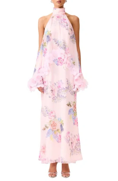 Elliatt Millie Floral Appliqué Tiered Halter Neck Gown In Multi