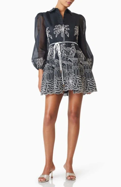 Elliatt Nyx Embroidered Scene Long Sleeve Organza Cocktail Minidress In Black White