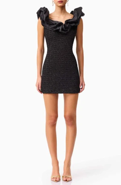 Elliatt Paloma Satin Ruffle & Floral Jacquard Cocktail Minidress In Black
