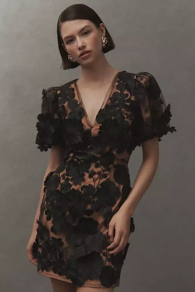 Elliatt Rosalind Short-sleeve V-neck 3d Floral Mini Dress In Black
