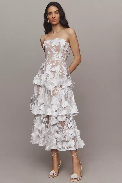 Elliatt Selene Strapless 3d Floral Lace Tiered Maxi Dress In White