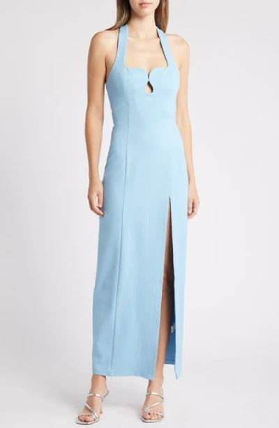 Elliatt Tuning Halter Neck Column Gown In Sky Blue