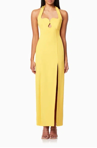 Elliatt Tuning Halter Neck Column Gown In Yellow