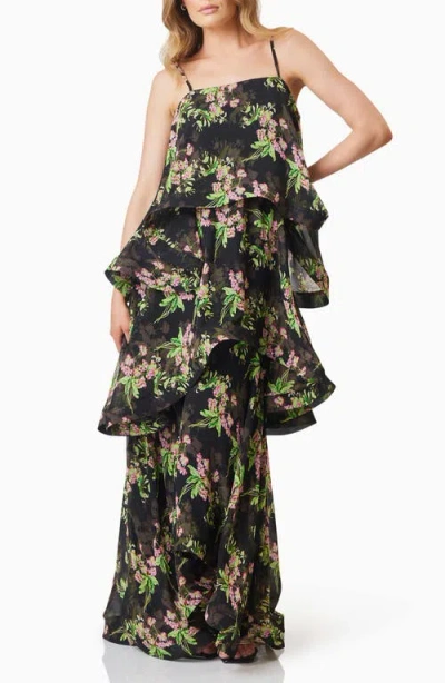 Elliatt Ula Floral Tiered Georgette Gown In Black Multi