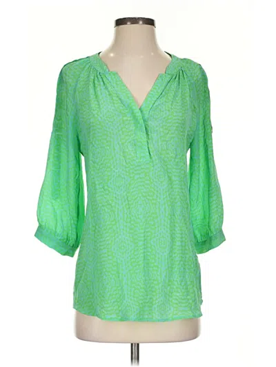 Pre-owned Ellie Kai 3/4 Sleeve Silk Top Green Plunge Neckline Tops