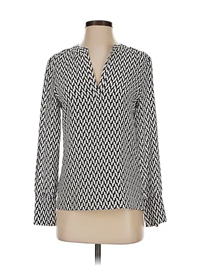 Pre-owned Ellie Kai 3/4 Sleeve Silk Top Silver Houndstooth Pattern Open Neckline Tops