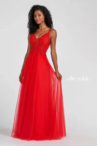 Ellie Wilde 122118 Long Formal A Line Lace Applique Prom Dress In Red