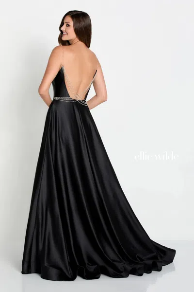 Ellie Wilde 34096 Long A Line Formal Slit Lace Applique Prom Dress In Blue