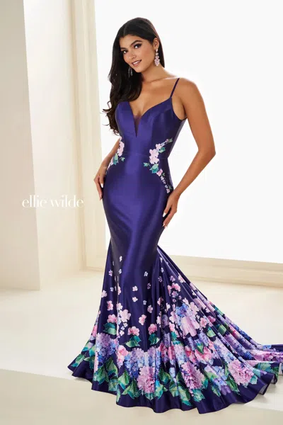 Ellie Wilde 37000 Mermaid Long Formal Floral Prom Dress In Blue