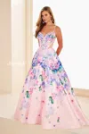 Ellie Wilde 37004 Corset Ball Gown Floral Print Long Formal Prom Dress In Pink