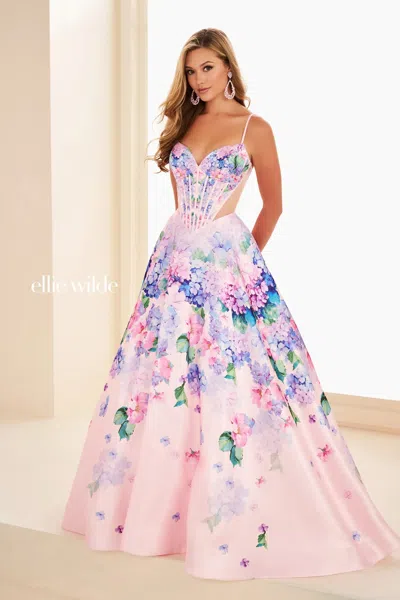 Ellie Wilde 37004 Corset Ball Gown Floral Print Long Formal Prom Dress In Pink
