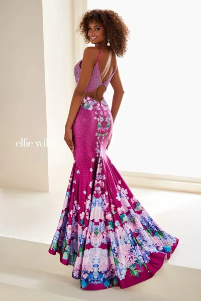 Ellie Wilde 37005 Glitter Floral Print Sequin Mermaid Prom Dress In Burgundy
