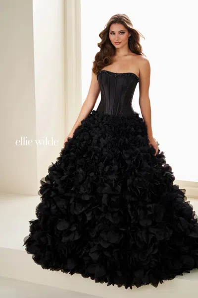 Ellie Wilde 37006 Corset Ruffle Ball Gown Long Formal Prom Dress In Black