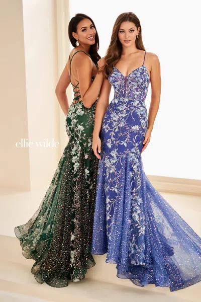 Ellie Wilde 37021 Glitter Corset Beaded Long Formal Sequin Prom Dress In Blue