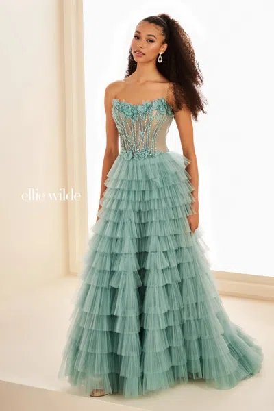 Ellie Wilde 37026 Corset Beaded Long Formal Ruffle Prom Dress In Gray