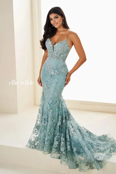 Ellie Wilde 37027 Long Lace Formal Mermaid Prom Dress In Green