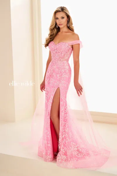 Ellie Wilde 37030 Glitter Long Formal Sequin Cape Prom Dress In Pink