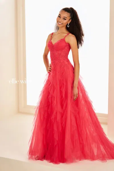Ellie Wilde 37031 Ball Gown Corset Ruffle Long Formal Prom Dress In Red