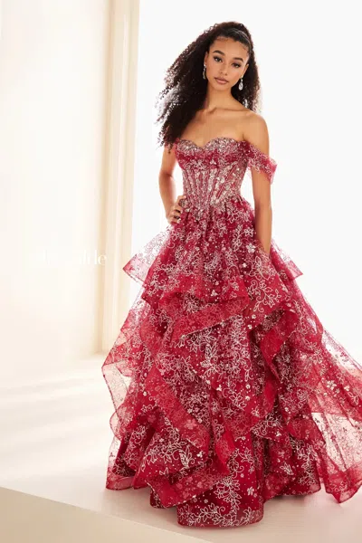 Ellie Wilde 37043 Ruffle Long Formal Floral Sequin Prom Dress In Brown