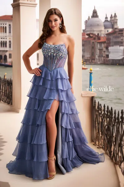Ellie Wilde 37057 Beaded Long Formal Ruffle Prom Dress In Blue