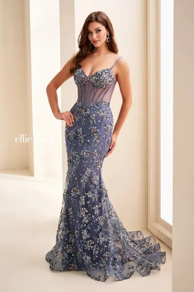 Ellie Wilde 37058 Beaded Long Formal Sequin Corset Fitted Prom Dress In Gray