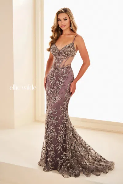 Ellie Wilde 37060 Beaded Long Formal Sequin Mermaid Prom Dress In Gray