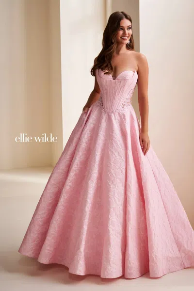 Ellie Wilde 37080 Corset Lace Long Formal Ball Gown Prom Dress In Pink
