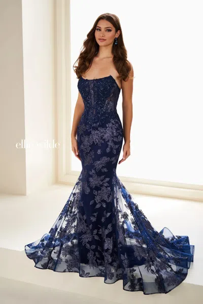 Ellie Wilde 37083 Floral Lace Long Formal Fitted Glitter Prom Dress In Blue